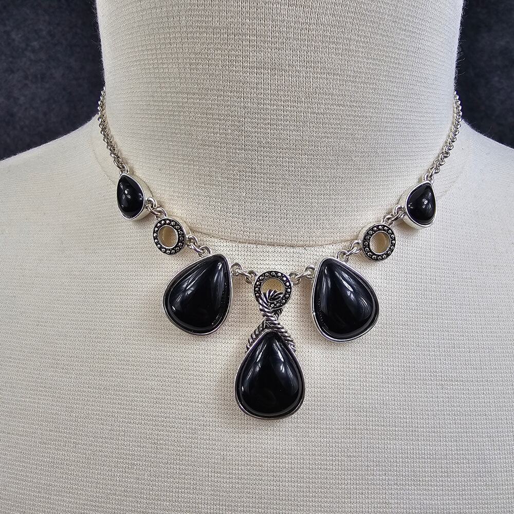Vintage Napier Faux Onyx Teardrop Statement Necklace Silver Tone Boho Western
